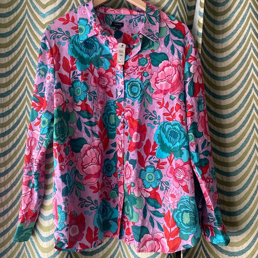 Talbots Floral Cotton Button Down Shirt XL NWT